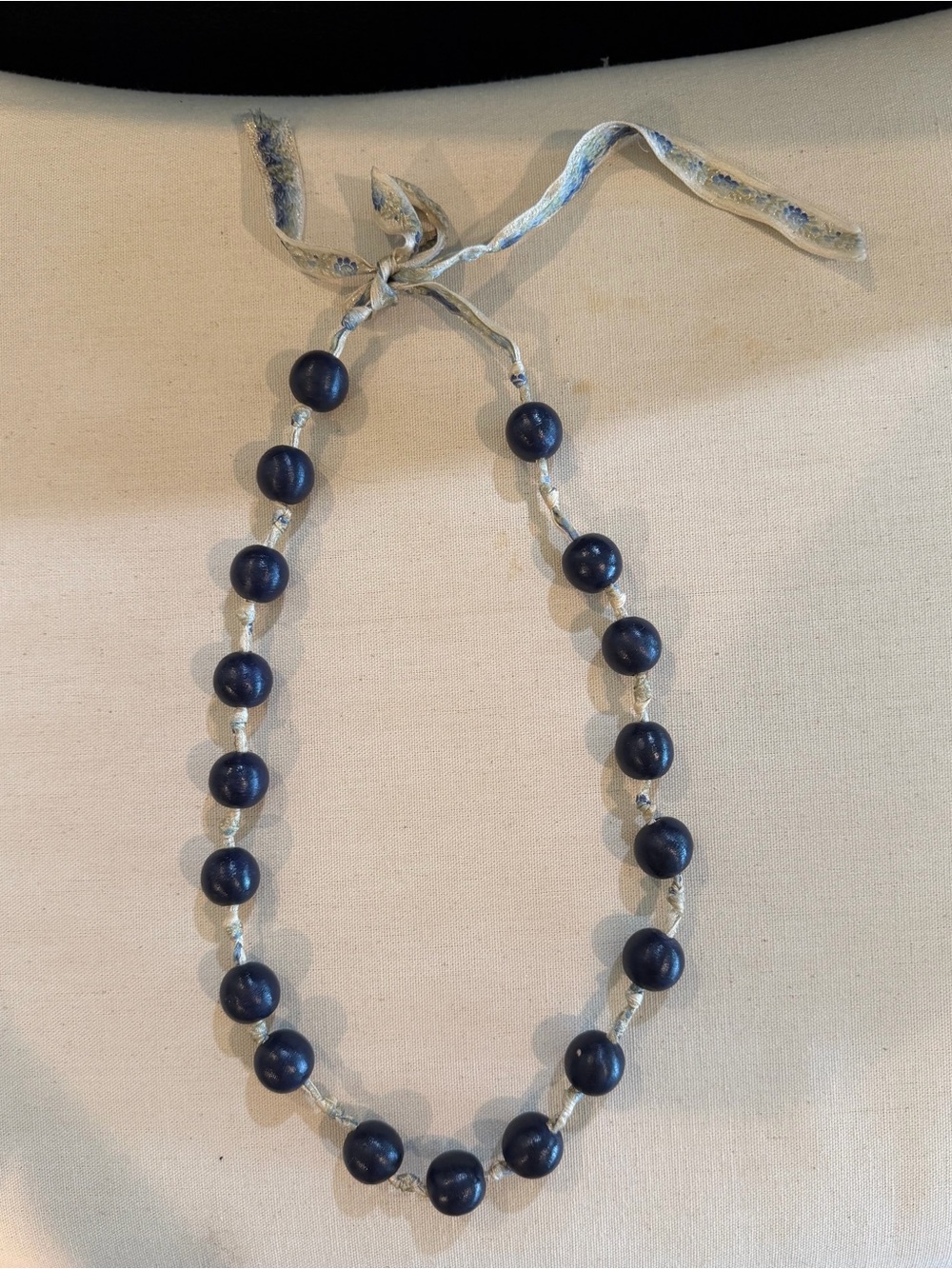 Handcrafted Navy Bead Tie Necklace with Ribbon